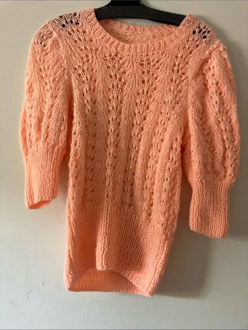 Open-Knit Peach Puff Sleeve Crewneck Sweater